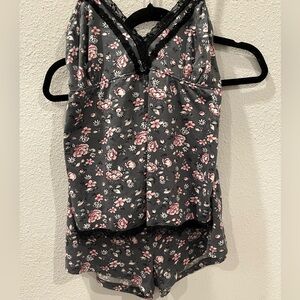 Floral Lace Trim Pajama Set - Gray and Pink